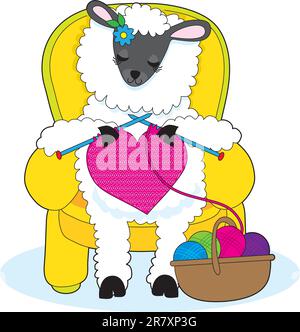 Ein Mutterschaf sitzt in einem gelben Sessel und strickt ein großes rotes Herz. Stock Vektor