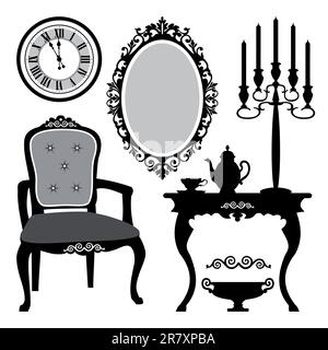 Set mit antiken dekorativen Möbeln und Gegenständen, Vektordarstellung Stock Vektor