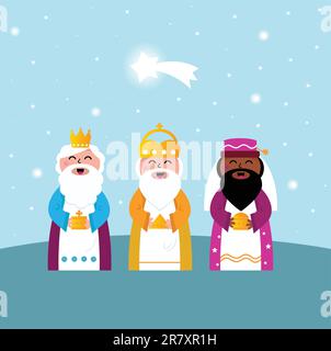 Caspar, Melchior und Balthazar folgen dem Stern von Bethlehem. Vektordarstellung Stock Vektor