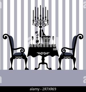 Romantisches Abendessen für zwei mit Tisch und zwei Stühlen, Kerze und Champagner, Vektorbild Stock Vektor