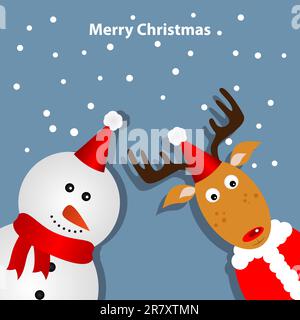 Grußkarte mit Hirsch und Schneemann Stock Vektor