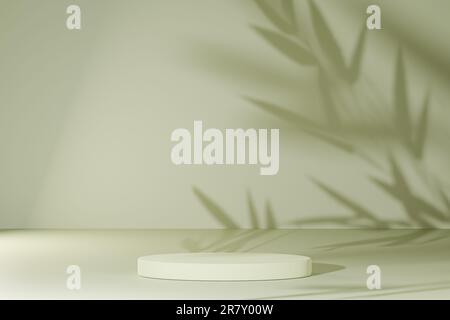 Produktplatzierung an grüner Wand mit natürlichen Schatten hinterlässt einen Hintergrund. Natürlicher Design-Hintergrund. Abstraktes Sommerlicht-Kosmetikmodell. Stockfoto