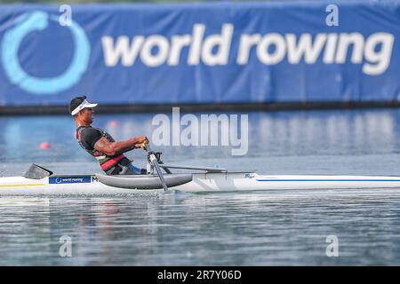 Varese, Italien. 18. Juni 2023. Varese, Varese, Italien, 18. Juni 2023, PR1 Single Sculls für Männer: Michel Munoz Malagon (MEX) während des 2023 World Ruwing Cup II – Canoying Credit: Live Media Publishing Group/Alamy Live News Stockfoto