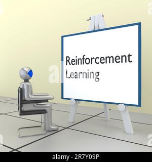 3D Abbildung eines Reinforcement Learning-Skripts auf einem Stativ und eines humanoiden Roboters, der vor diesem Brett sitzt. Stockfoto