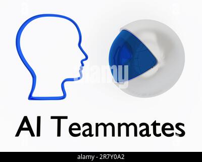 3D Abbildung einer menschlichen Kopfsilhouette mit dem Titel „KI-Teamkollegen“ gegenüber dem Kopf eines Roboters. Stockfoto