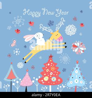 Helle Weihnachtskarte mit einem Hirsch und einem Hasen auf blauem Hintergrund mit Schneeflocken und Weihnachtsbäumen Stock Vektor