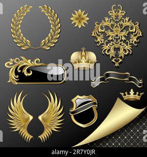Set aus heraldischen Design-Elementen in Gold und Schwarz Stock Vektor