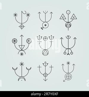 Set mit 9 Sigil-Symbolen Liniensymbole Mystical Magical Artwork in Schwarz-Weiß Stock Vektor