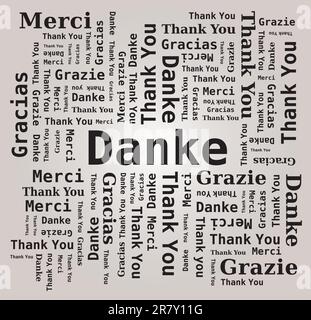 Vielen Dank Word Cloud in verschiedenen Sprachen - 5 Sprachen, Englisch, Französisch, Deutsch, Spanisch und Italienisch Stock Vektor