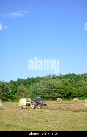 Ballenpressen von zusammengedrehtem Gras im ungarischen Landkreis zala Stockfoto