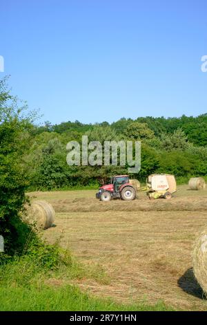 Ballenpressen von zusammengedrehtem Gras im ungarischen Landkreis zala Stockfoto