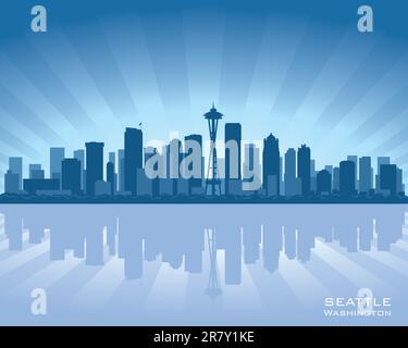 Seattle, Washington Skyline Illustration mit Spiegelung im Wasser Stock Vektor