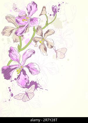 vektorhintergrund mit handgezeichneten violetten Orchideen Stock Vektor