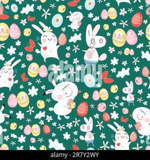 Nahtloses Muster lustiger Häschen und Blumen auf grünem Hintergrund Stock Vektor