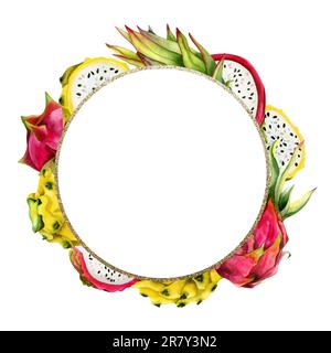 Pitaya goldener runder Rahmen mit Aquarell-, Rosa- und gelben Drachenfrüchten und Scheiben für Aufkleber, Etiketten und Sale Coupons Stockfoto