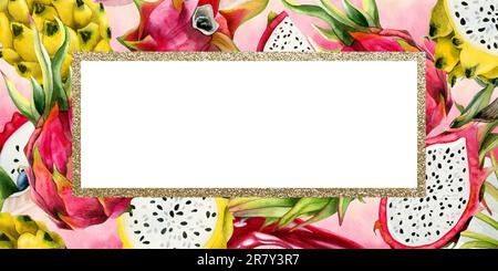 Rot-rosa-gelbe Drachenfrucht-Banner-Vorlage mit goldenem Rahmen. Aquarell-Pitahaya-Illustration Stockfoto