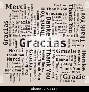 Vielen Dank Word Cloud in verschiedenen Sprachen - 5 Sprachen, Englisch, Französisch, Deutsch, Spanisch und Italienisch Stock Vektor