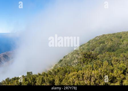 Blick vom Mirador de Alojera zum Canyon Barranco del Mono mit dem Dorf Alojera. Passatwinde mit riesigen Wolken kommen von Norden nach Stockfoto