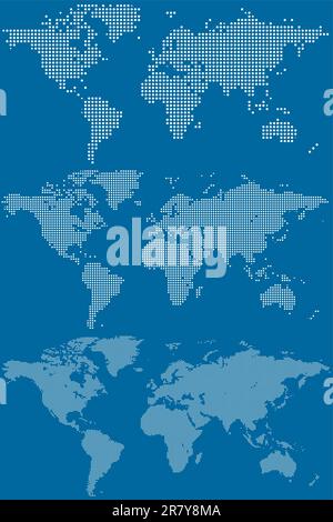 Satz gepunkteter Weltkarten (kreisförmige Pixel). Vektordarstellung Stock Vektor
