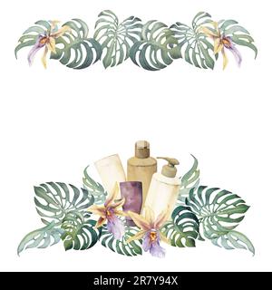 Handgezeichnete, wasserfarbene Spa-Hautpflegeprodukte mit Blumen und Blättern. Rahmenrahmen. Isoliert auf weißem Hintergrund. Design für Stockfoto