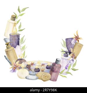 Handgezeichnete, wasserfarbene Spa-Hautpflegeprodukte mit Blumen und Blättern. Rahmenrahmen. Isoliert auf weißem Hintergrund. Design für Stockfoto