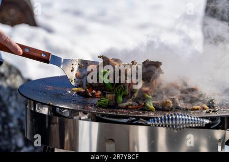 Gebratenes Rentierfleisch Mix wird auf einer Murrikka Grillpfanne zubereitet. Stockfoto