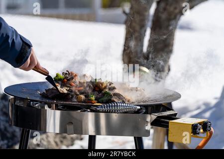 Gebratenes Rentierfleisch Mix wird auf einer Murrikka Grillpfanne zubereitet. Stockfoto