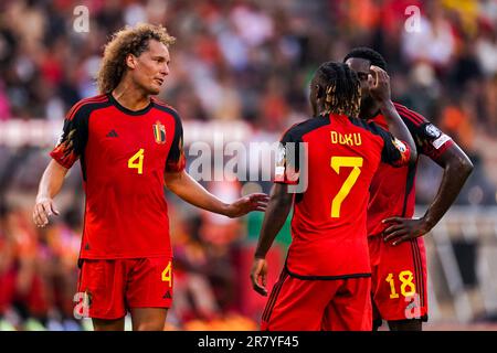 Brüssel, Belgien. 17. Juni 2023. BRÜSSEL, BELGIEN – JUNI 17: Wout Faes aus Belgien interagiert mit Jeremy Doku aus Belgien und Orel Mangala aus Belgien während des Qualifikationsspiels der Gruppe D – UEFA EURO 2024 zwischen Belgien und Österreich im King Baudouin Stadium am 17. Juni 2023 in Brüssel, Belgien (Foto von Joris Verwijst/Orange Pictures). Guthaben: Orange Pics BV/Alamy Live News Stockfoto