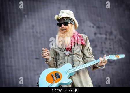 Solvesborg, Schweden. 10., Juni 2023. Billy Gibbons und die BFG führen während des schwedischen Musikfestivals Sweden Rock Festival 2023 in Solvesborg ein Live-Konzert auf. (Foto: Gonzales Photo - Terje Dokken). Stockfoto