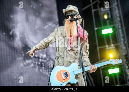 Solvesborg, Schweden. 10., Juni 2023. Billy Gibbons und die BFG führen während des schwedischen Musikfestivals Sweden Rock Festival 2023 in Solvesborg ein Live-Konzert auf. (Foto: Gonzales Photo - Terje Dokken). Stockfoto