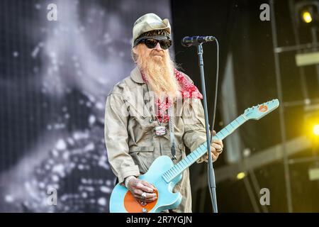 Solvesborg, Schweden. 10., Juni 2023. Billy Gibbons und die BFG führen während des schwedischen Musikfestivals Sweden Rock Festival 2023 in Solvesborg ein Live-Konzert auf. (Foto: Gonzales Photo - Terje Dokken). Stockfoto