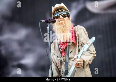 Solvesborg, Schweden. 10., Juni 2023. Billy Gibbons und die BFG führen während des schwedischen Musikfestivals Sweden Rock Festival 2023 in Solvesborg ein Live-Konzert auf. (Foto: Gonzales Photo - Terje Dokken). Stockfoto
