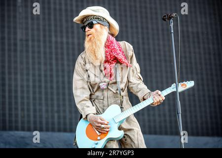 Solvesborg, Schweden. 10., Juni 2023. Billy Gibbons und die BFG führen während des schwedischen Musikfestivals Sweden Rock Festival 2023 in Solvesborg ein Live-Konzert auf. (Foto: Gonzales Photo - Terje Dokken). Stockfoto