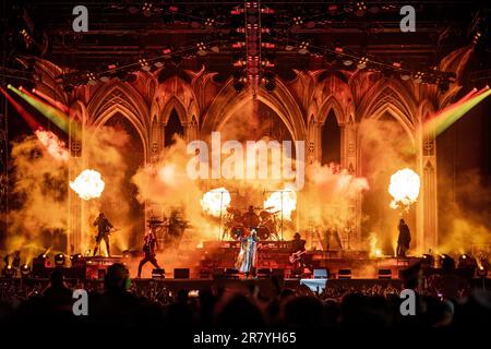 Solvesborg, Schweden. 10., Juni 2023. Die schwedische Rockband Ghost führt während des schwedischen Musikfestivals Sweden Rock Festival 2023 in Solvesborg ein Live-Konzert auf. (Foto: Gonzales Photo - Terje Dokken). Stockfoto