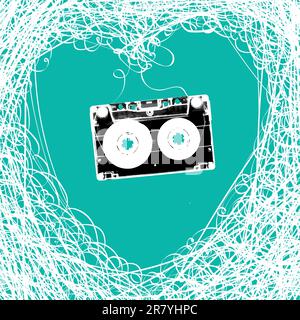 Alte Stereo-Audiokassette mit verschlungenen Herzen geformt Magnetband. Stock Vektor