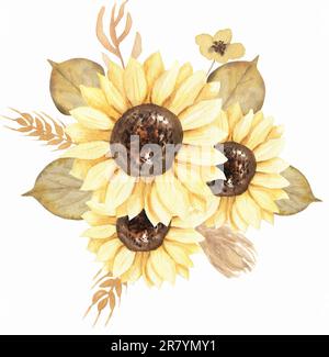 Herbst Sonnenblumen Bouquet Clipart, Wasserfarben Wiesen Blumendruck, rustikale Wildblumen Bouquet Illustration, Herbsthochzeiten Einladungen, Babydusche, Logo Stockfoto