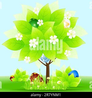 Ostern Grußkarte mit Baum Rasen Blumen und Eiern Stock Vektor