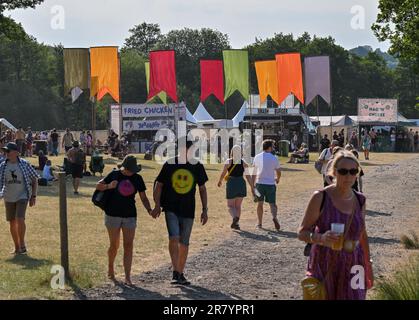 Eridge, Großbritannien. 16. Juni 2023. Eridge Park, Eridge, Kent, Großbritannien, am 16 2023. Juni. Festivalbesucher können die Sehenswürdigkeiten und Klänge während des Black Deer Festival of Americana am 16 2023. Juni in Eridge Park, Eridge, Kent, Großbritannien, genießen. Kredit: Francis Knight/Alamy Live News Stockfoto