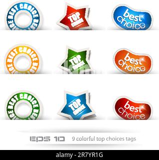 Set mit neun Tags zur besten Auswahl, die auf jeder Oberfläche angebracht werden können. Kreisförmig, sternförmig und bohnenförmig. Stock Vektor