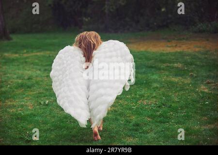 Süßes Baby, gekleidet als Engel im Abendwald in Dänemark Stockfoto