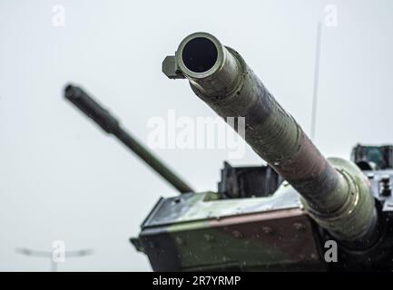 Panzerleopard und Haubitzer Panzerhaubitze 2000 oder PZH 2000 mit den Kanonen, die während des ukrainischen Angriffs auf den Himmel gerichtet waren Stockfoto