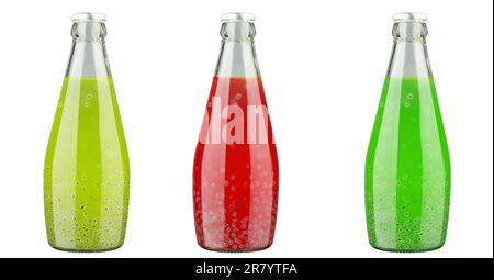 Gesundes Essen, Getränke, Diät und Entgiftung Konzept - Nahaufnahme von Glasflaschen mit verschiedenen Obst- oder Gemüsesäften auf Weiß. Datei enthält Beschneidung p Stockfoto