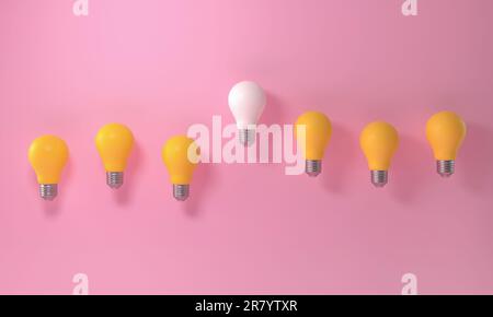 Glühlampe herausragend in der gelben Glühlampengruppe auf pinkfarbenem Hintergrund. Innovation einzigartig Denken Sie anders. 3D-Rendering Stockfoto