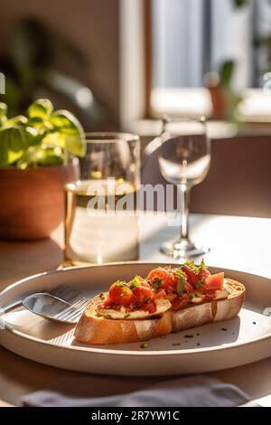 Bruschetta mit Tomaten und Basilikum Stockfoto