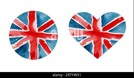 Die Flagge Großbritanniens ist gesetzt. Handgezeichnete Wasserfarbe isoliert auf weißem Hintergrund. Stockfoto