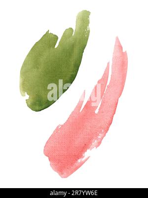 Abstrakte grüne und pinkfarbene Aquarelle auf weißem Hintergrund. Farbspritzer auf Papier. Handgezeichnete Illustration Stockfoto