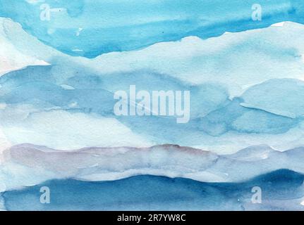 Handbemalter Himmel und Hügel in Aquarellfarben, abstrakter Hintergrund in Aquarellfarben. Aquarelldarstellung. Papierstruktur Stockfoto