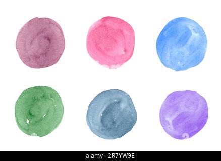 Satz von bunten, wasserfarbenen Flecken in runder Form. Tropfen isoliert auf weiß. Pinke Nägel, Farbmuster. Abstrakte Hintergründe, Pastellfarben Stockfoto