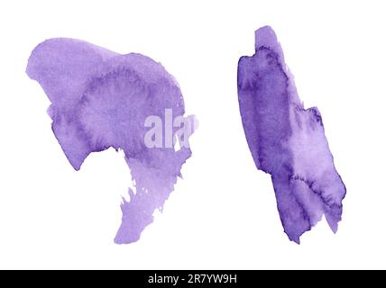 Ein Satz abstrakter blauer Blots in Aquarellfarben. Farbspritzer. Leuchtende Farben. Stockfoto