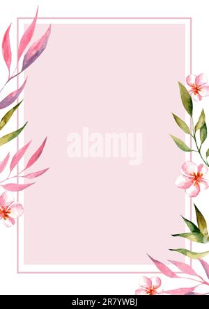Tropische Sommerpalmenblätter mit exotischen Flamingo- und Hibiskusblüten. Aquarellvorlagen. Design-Element für Karten, Poster, Banner und andere Geldbeutel Stockfoto